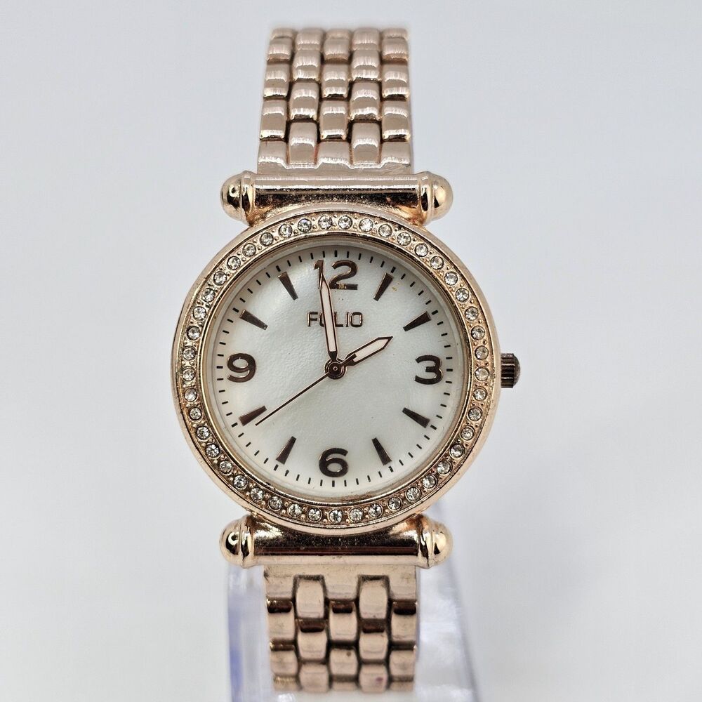 Folio Women's Watch 33MM White Dial Gold Bracelet Band ‎ 7" New Battery
